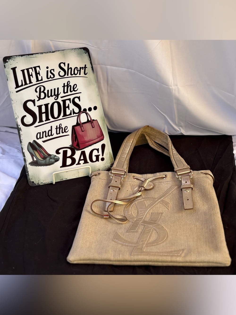 Saint Laurent Metallic Beige Canvas Tote with Embossed Logo